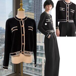 🆕 KARL LAGERFELD 🧿 NWT Classic Cardigan with Logo Embroidery & Buttons, Sz L
